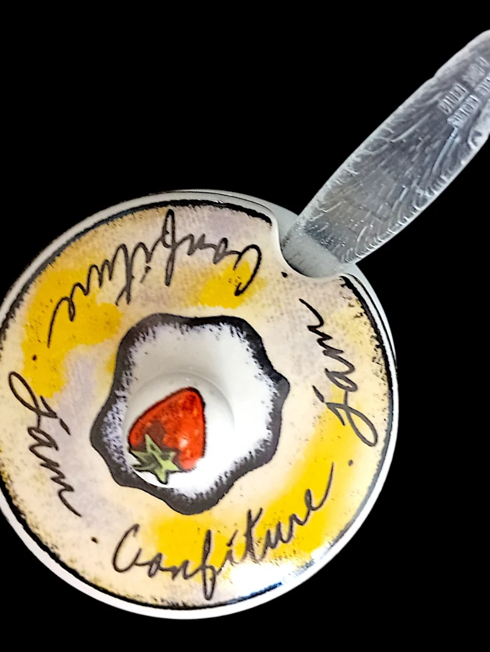 Vintage MSC Joie De‎ Vivre Ceramic Jam Jelly Jar Lid Spoon Fruit Confiture Pot